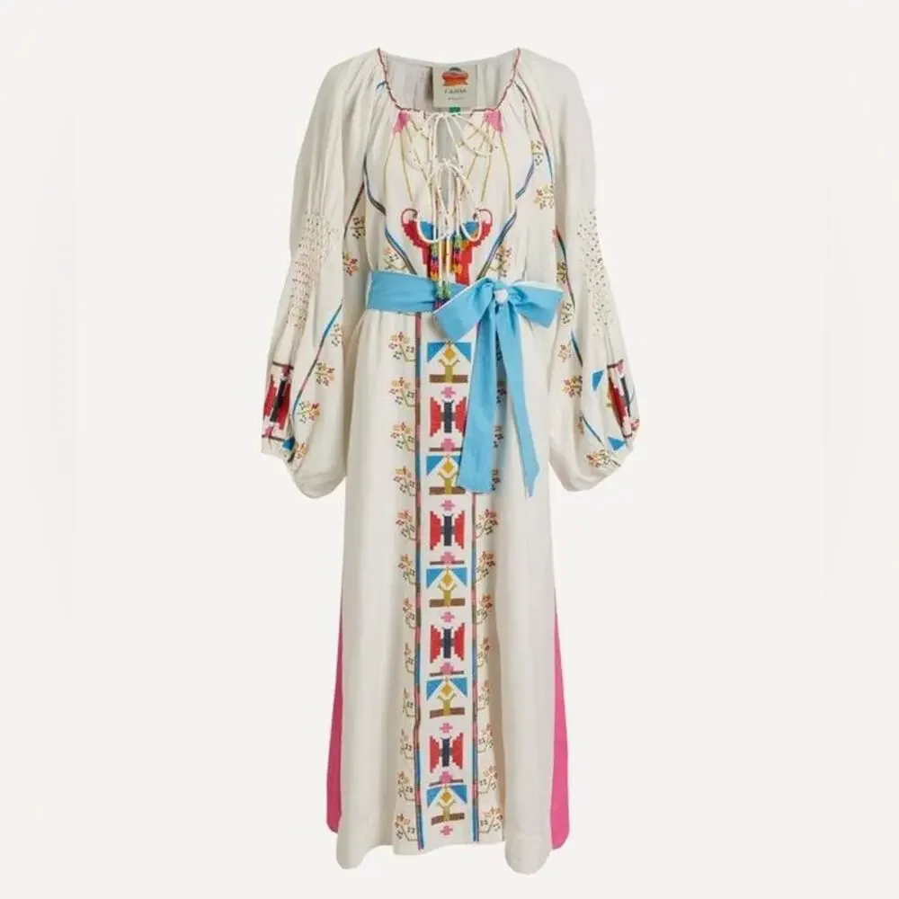 Farm Rio Macaw Embroidered Linen Caftan Midi-Dress